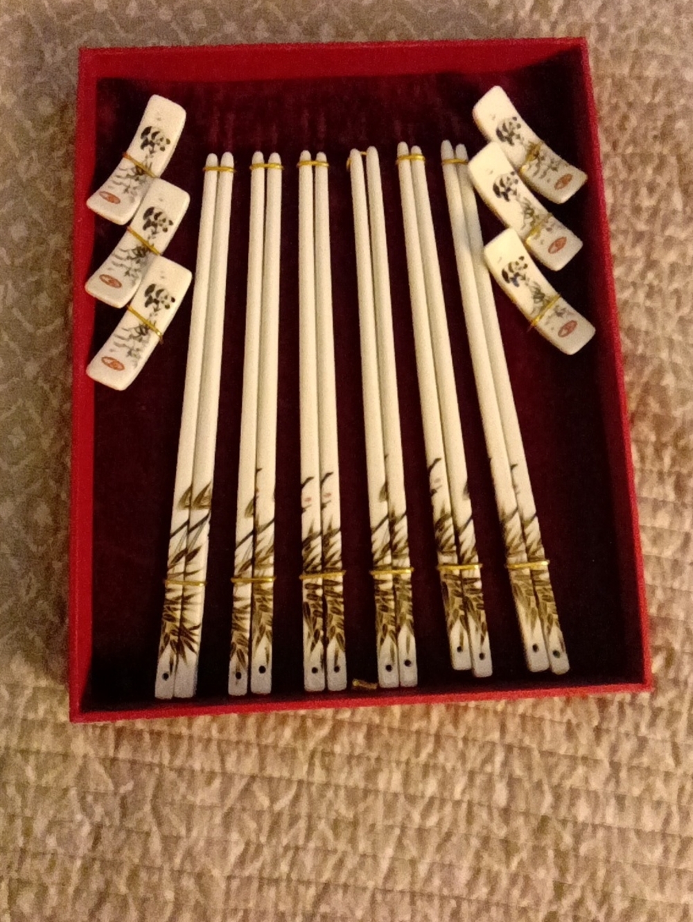 Vintage White Porcelain Chopstick Set with Gold Bamboo Accents